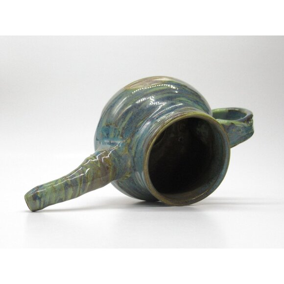 Handmade Ceramic Teapot Artisan Handle & Abstract Green Blue Swirl Glaze Signed - Picture 10 of 16